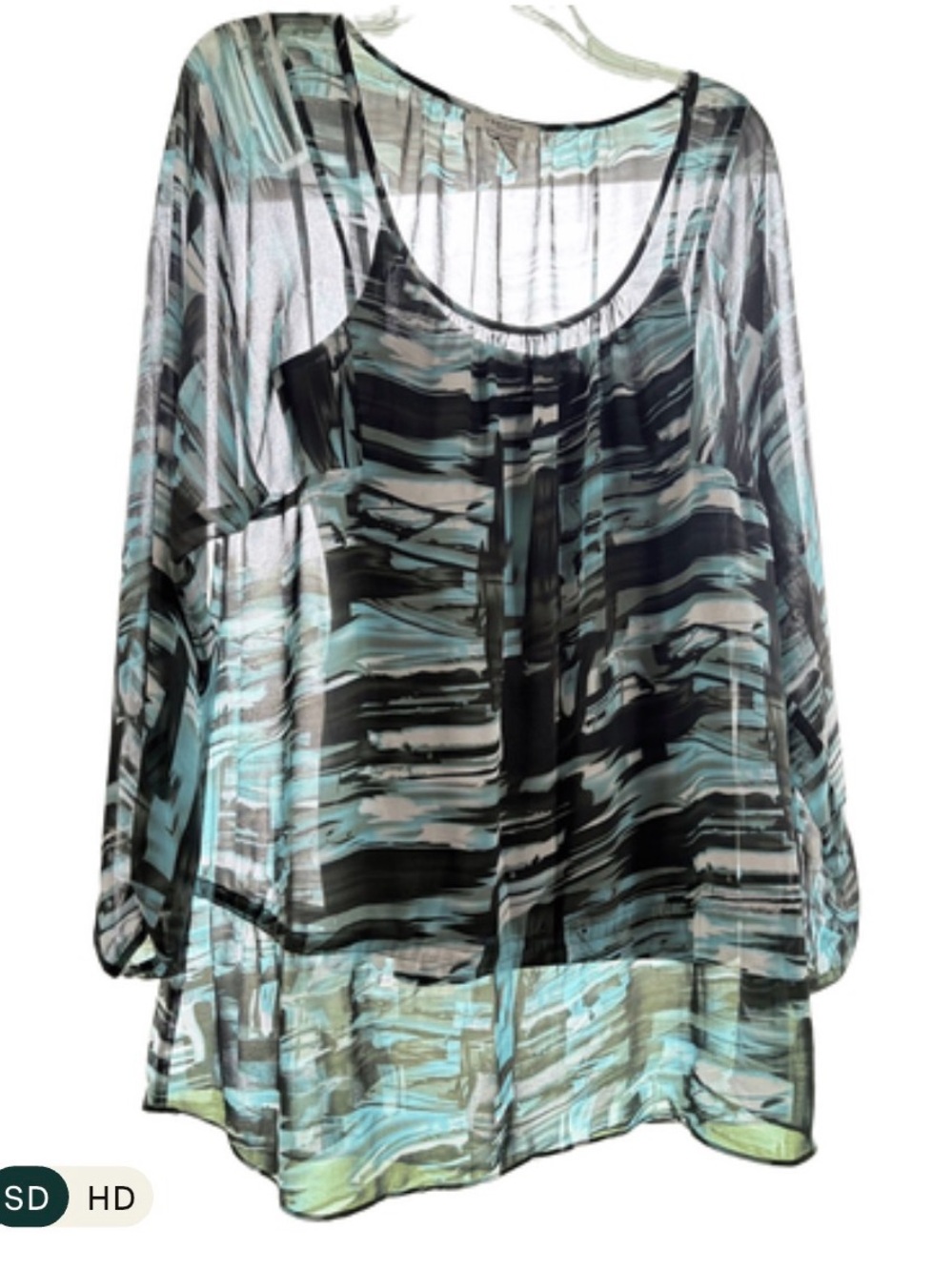 Vertigo Paris Sheer Tunic/Blouse Med. Teal/Black Abstract Flowy Top w/Camisole